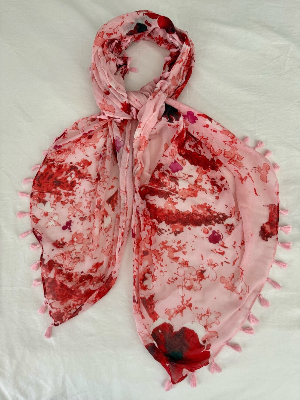 Peter Som Dream Floral Pink Red Blush Tassel Scarf Sarong Wrap One Size